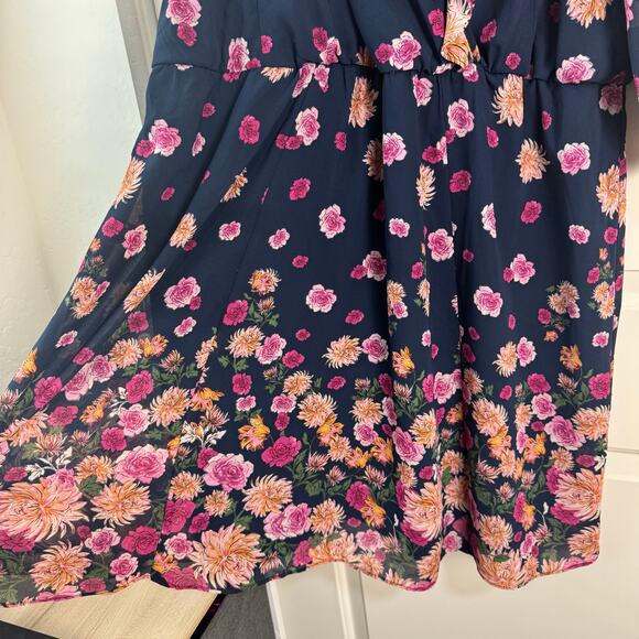 London Times Floral Faux Wrap Dress Ruffle Neckline 16W - Picture 5 of 9